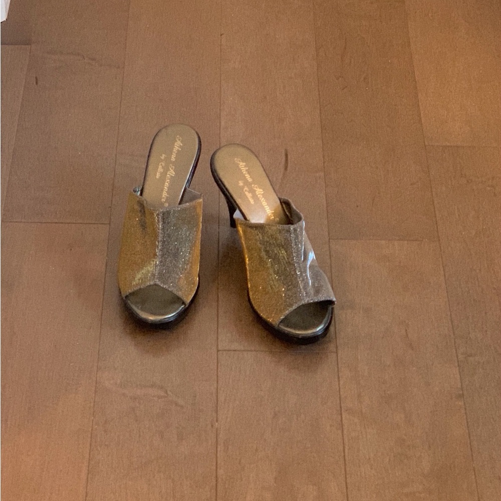 Athena Alexander Gold and Silver Mules with Medium Heel